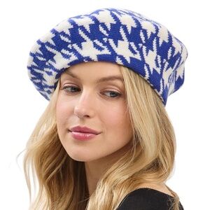 Blue & White Houndstooth Soft Knit French Beret